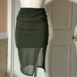 Olive MIDI Skirt with Mesh Overlay Skirt